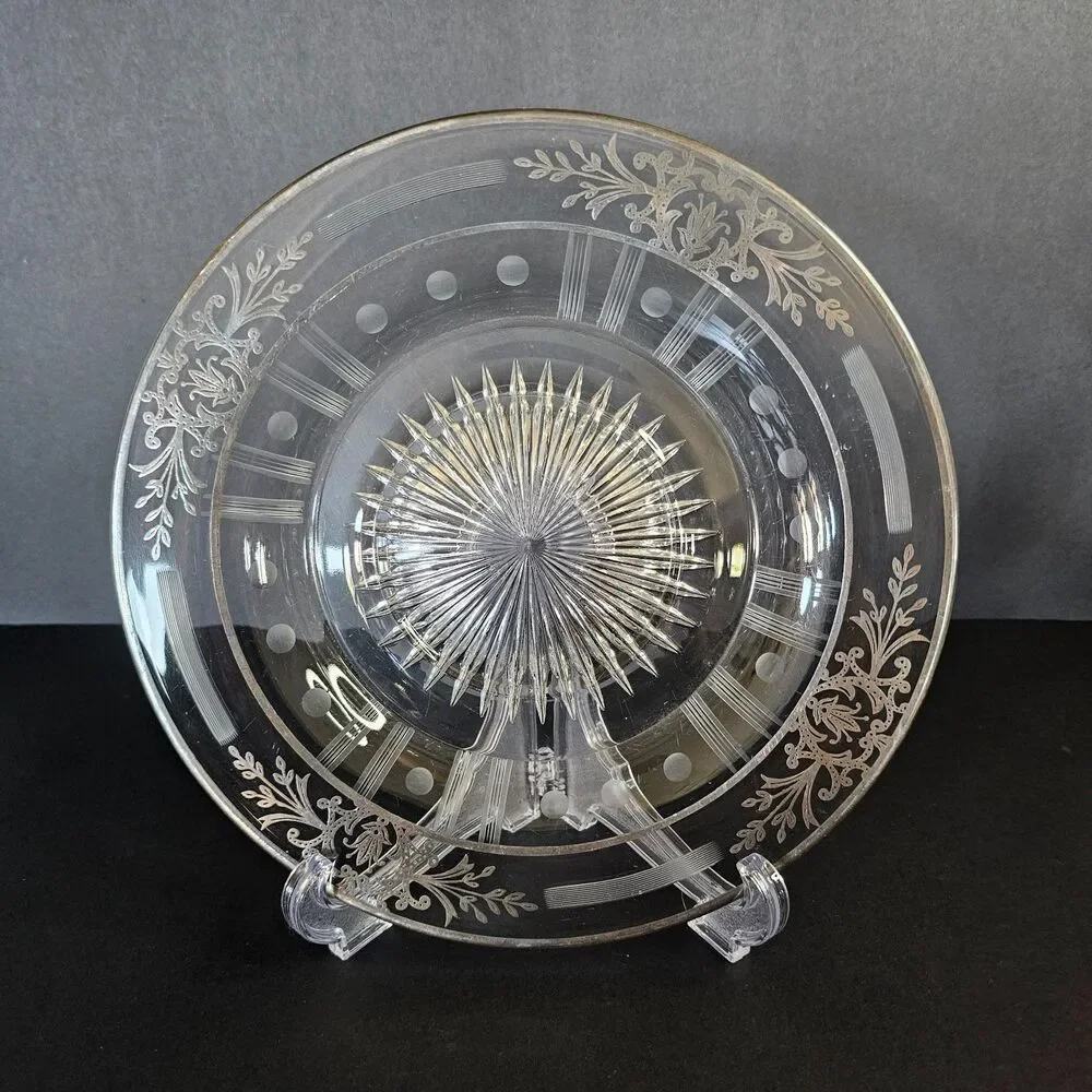 Silver Overlay Depression Glass Plate Vtg Etched Glass 9.5 Inch Round